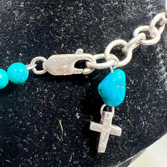 Turquoise Choker Necklace With Sterling Silver Crosses and Clasp Adjustable. - Picture 4 of 9